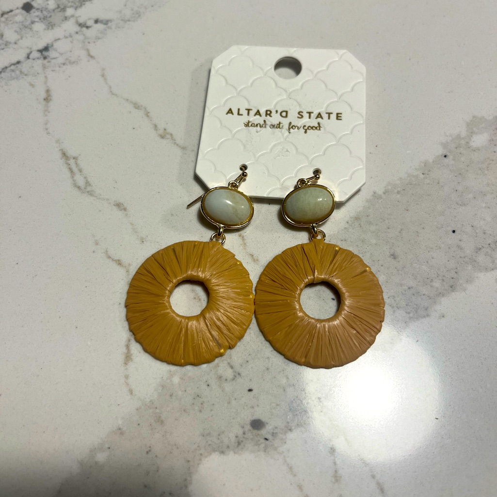 Nwt Altar’d State Natural/Blue Gray And Cream With Gold Trim Dangling Earrings